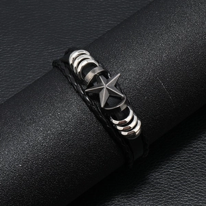 Men's multilayer braided leather bracelet with silver metal star and rings charm