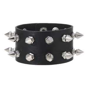 Detail of multi-layered punk leather bracelet with silver metal spikes and snap closures
