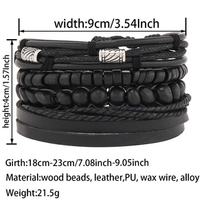 Macro shot of men's multi-layer leather bracelet set with wooden beads and alloy charms
