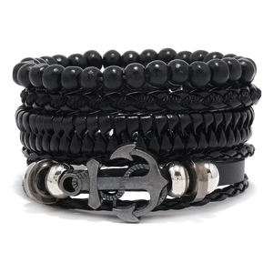 Bracelet Nautique Vintage pour Hommes en Cuir de Vachette Tressé Cordon Ciré Perles de Bois Ancre Gouvernail Fait à la Main Punk