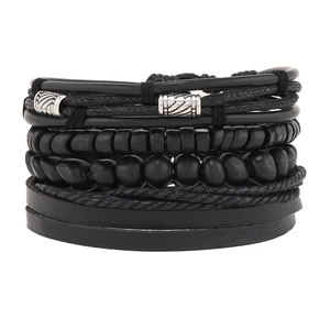 Men's Retro Multilayer Leather Braided Bracelet Set Handmade Wax Rope Alloy Wood Beads Punk Bohemian Jewelry Wristband