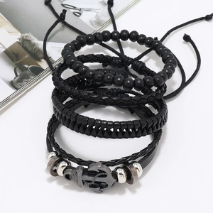 Ensemble de 4 bracelets pour hommes avec pendentif ancre et cuir tressé noir élégant