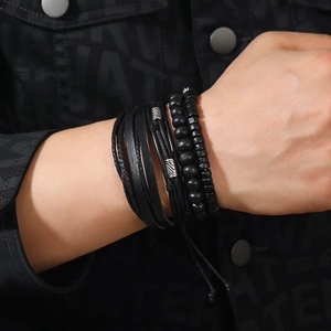 Men's multi-layer black leather beaded bracelet set with vintage silver metal tubes
