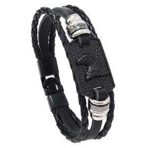 Men's multi-layer black braided leather bracelet with eagle relief metal plaque