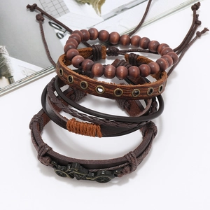 Retro multi-layer bracelet set with wooden beads and woven leather featuring motor charm