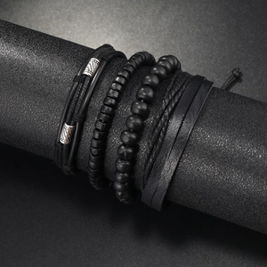 Men's retro black layered leather and wooden bead bracelet set with silver charms