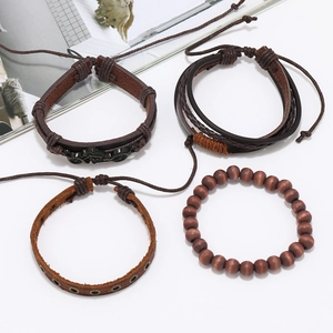 Retro multi-layer brown leather and wooden bead bracelet set with motorcycle charm
