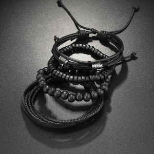 Men's 4-piece handmade black beaded leather bracelet set with adjustable braided ropes