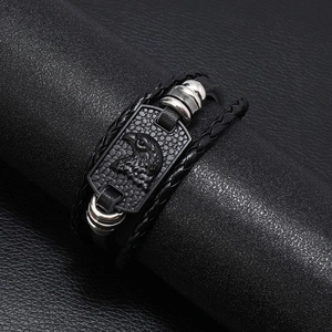 Men's multilayer braided leather bracelet with black eagle pendant and silver rings