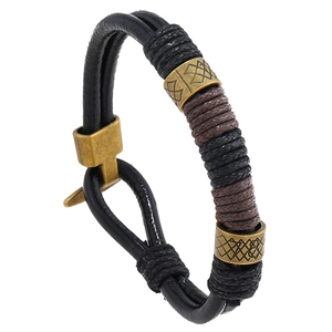 Bracelet rétro multicouche en cuir noir tressé avec détails géométriques en bronze