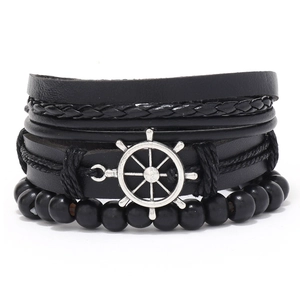 Nautical Helm Men Multi-layer Leather Bracelet Braided Cowhide Wax Rope Anchor Charm Punk Retro Men Jewelry Accessory