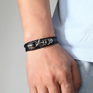 Men's retro layered braided leather bracelet with silver star charms and metal rings