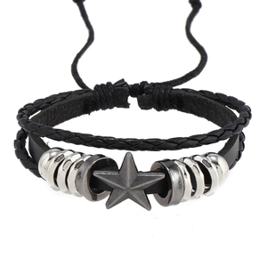 Multilayer braided black leather bracelet with star charm and adjustable cord