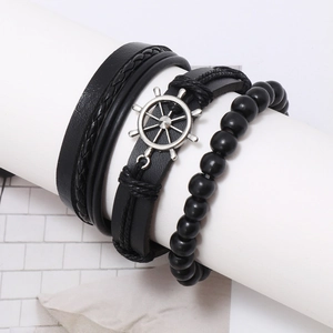 Men's nautical multi-layer black leather bracelet set with silver anchor charm