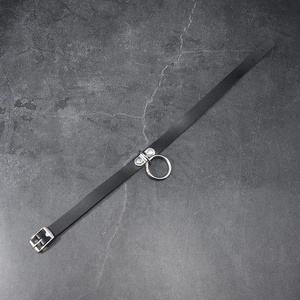 Detail of black leather choker with silver metal ring and adjustable buckle closure