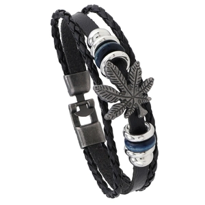 Men's multilayer braided leather bracelet with vintage maple leaf metal pendant