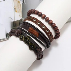 Vintage multilayer leather bracelet set with wooden beads and bronze motorcycle charm