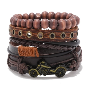 Retro multilayer men's leather bracelet set with wooden beads and bronze motorcycle charm