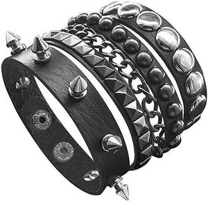 Detail of black leather punk bracelet with silver spikes, chain, and metal rivets