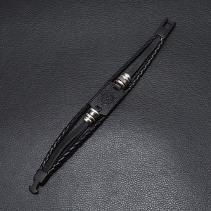 Men's multilayer black braided leather bracelet with silver beads and ship helm anchor charm