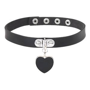 Detail view of black punk leather choker with silver heart pendant and adjustable metal holes