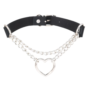 Detail of black leather punk choker with double silver chains and heart charm