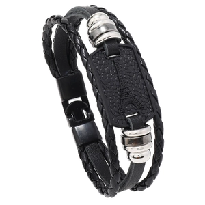 Men's multilayer black leather bracelet with Eiffel Tower plaque and metal clasp