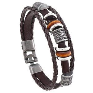 Retro multilayer leather bracelet for men featuring vintage beads and silver metal clasp