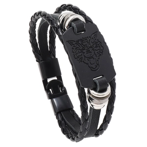 Men's multilayer braided leather Viking bracelet with black wolf head charm and buckle