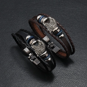 Retro Men Bracelet Multi-layer Braided Leather Wristband Carved Eagle Head Charm Punk Bohemian Jewelry Cowhide PU Alloy Bangle