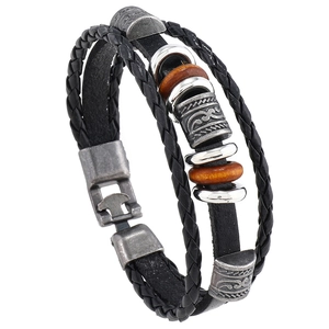 Retro multi-layer men's leather bracelet with woven cords, metal tubes and wood beads