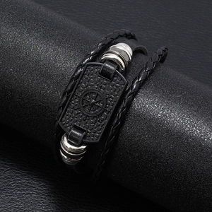 Men's multi-layer black woven leather bracelet with nautical anchor helm metal plate