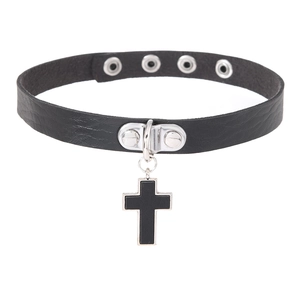 Detail of black punk leather choker featuring a silver-edged black cross pendant and buckle