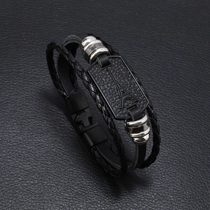 Men Multilayer Braided Leather Bracelet With Eiffel Tower Alloy Plate Viking Style Magnetic Clasp Retro Fashion Jewelry Wristband