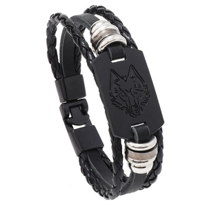 Men's punk braided leather bracelet with black metal wolf head charm and magnetic clasp
