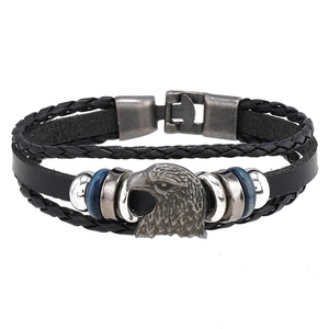 Retro men's multi-layer leather bracelet with silver eagle head and blue beads detail