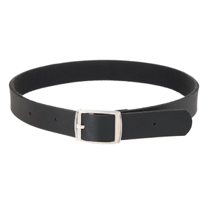Detail of black leather choker featuring a silver square buckle and adjustable holes