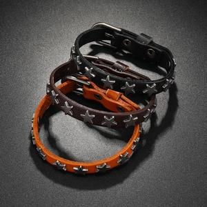 Three-piece punk leather bracelets with star rivets in black, brown, and tan colors
