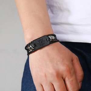 Men's multilayer braided leather nautical anchor steering wheel adjustable bracelet
