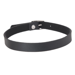 Close-up of black leather choker with silver metal buckle and adjustable holes