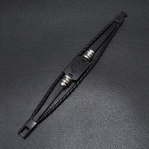 Men's punk multilayer braided leather bracelet with a black matte wolf head totem