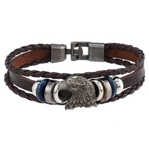 Retro multi-layer brown leather bracelet with silver eagle charm and blue stone beads