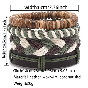 Detailed view of multilayer leather bracelet set with woven beads and size dimensions