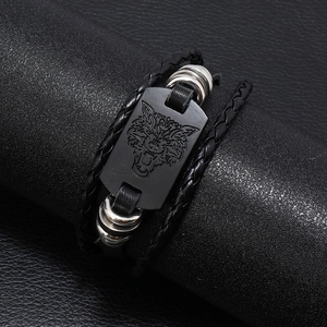 Men's Viking punk multi-layer braided leather bracelet with a black wolf head metal plaque
