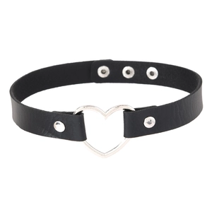 Detail of Harajuku punk heart choker showing black PU leather and silver metal ring
