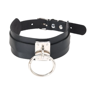 Detail of black leather punk choker featuring a large silver metal ring and buckle