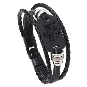 Men's multi-layer braided leather bracelet with black tiger head metal plaque