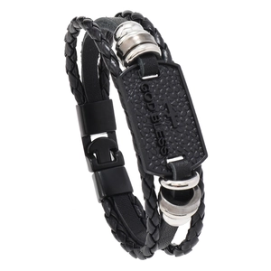 Men's layered leather bracelet featuring a metal cross and God Bless engraved charm