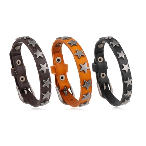 Three-piece punk leather star bracelet set in black, dark brown, and orange tones