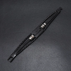 Men's multilayer leather bracelet with black God Bless cross metal plate and press buckle